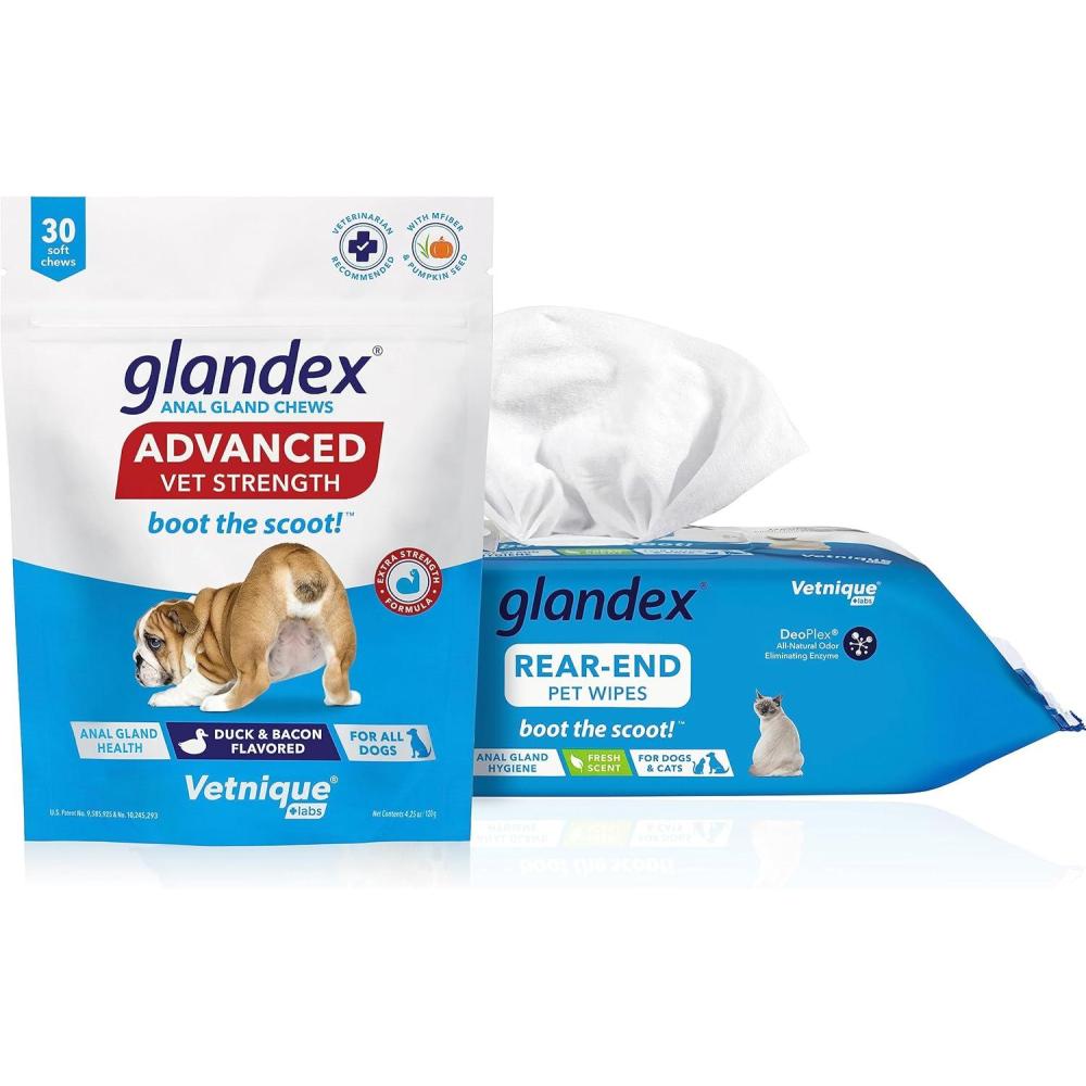 imageGlandex Anal Gland Hygienic Pet Wipes 100 Ct Advanced VetStrength Chews 30 Ct Bundle Dog Cleaning Wipes with Fresh Scent VetStrength Anal Gland Supplement for Dogs with Extra Fiber
