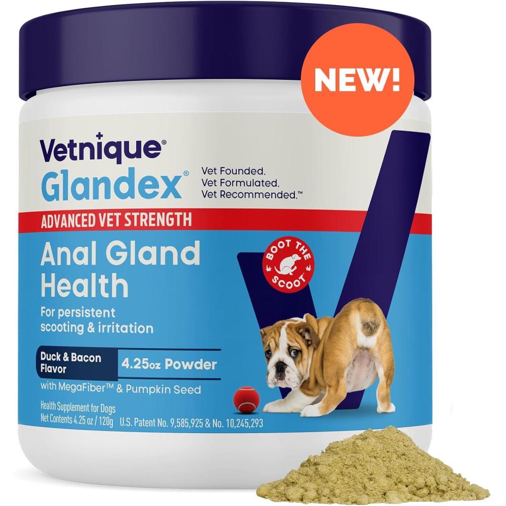 imageGlandex Dog Fiber Supplement Powder for Anal Glands with Pumpkin Digestive Enzymes ampamp Probiotics  Vet Recommended Regular or Advanced Strength  Boot The Scoot 55 oz Vegan SalmonAdvanced Strength Duck  Bacon