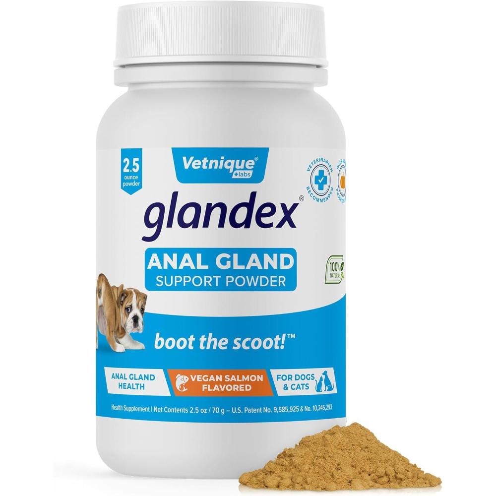 imageGlandex Dog Fiber Supplement Powder for Anal Glands with Pumpkin Digestive Enzymes ampamp Probiotics  Vet Recommended Regular or Advanced Strength  Boot The Scoot 55 oz Vegan SalmonVegan Salmon