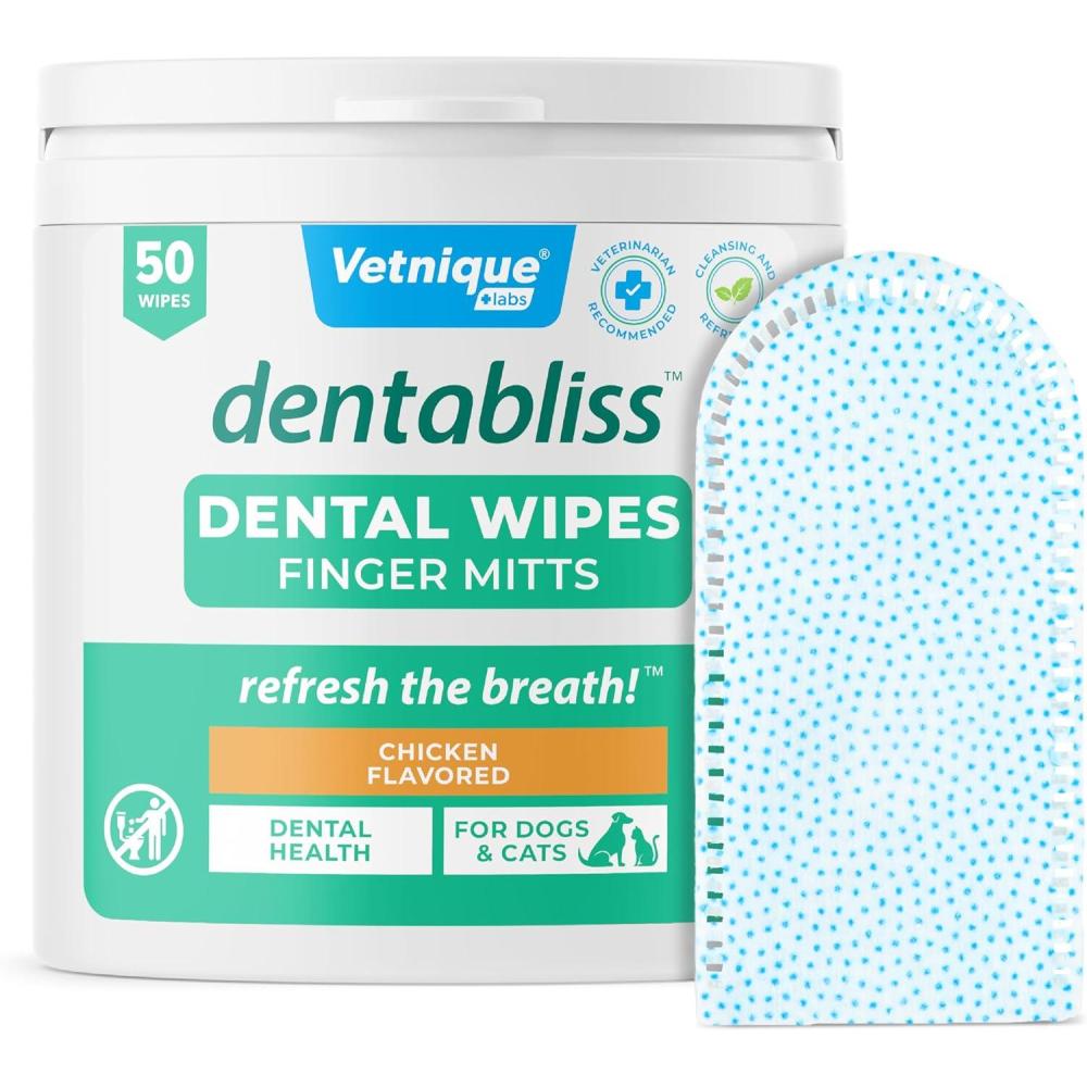 imageVetnique Dentabliss  Dog Teeth Cleaning Finger Mitt Dental Wipe  Dog Plaque ampamp Tartar Prevention with Brushing Beads  Flavored Dog Teeth Wipes Dog Breath Freshener ChickenChicken