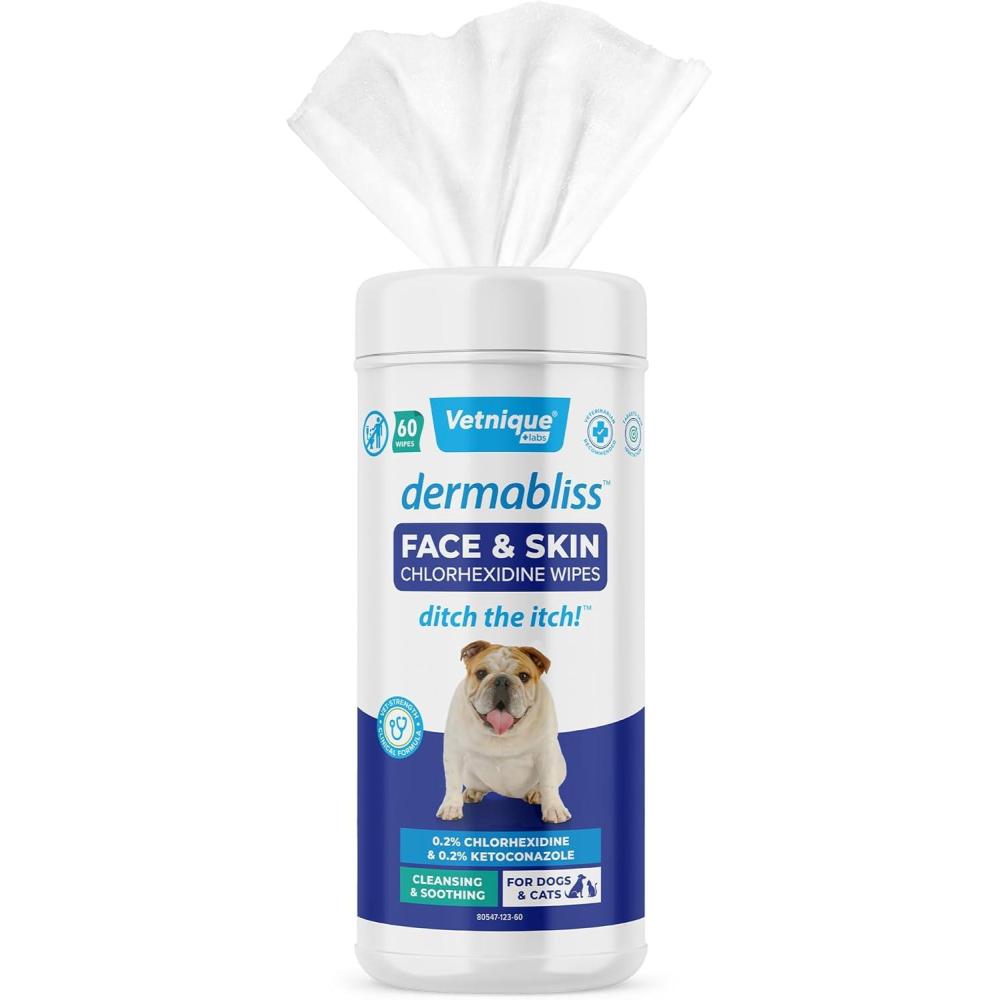 imageVetnique Dermabliss Dog Face Wipes  Medicated Chlorhexidine Wipes for Dogs with Wrinkles French Bulldog English Bulldog Dog Grooming Wipes Cleaning ampamp Deodorizing Dog Wipes 60 Count