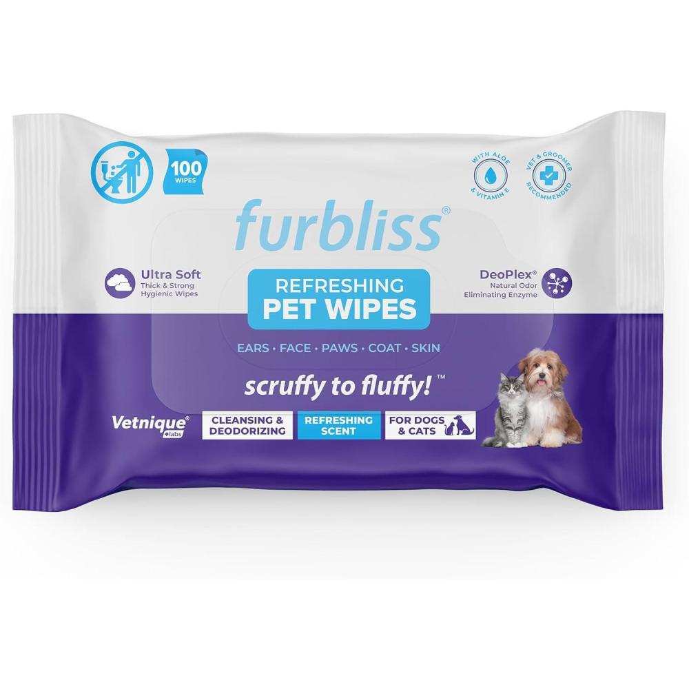 imageVetnique Furbliss Hygienic Pet Wipes for Dogs ampamp Cats Cleansing Grooming ampamp Deodorizing Hypoallergenic Thick Wipes with All Natural Deoplex Deodorizer Refreshing Scent 100ct Pouch