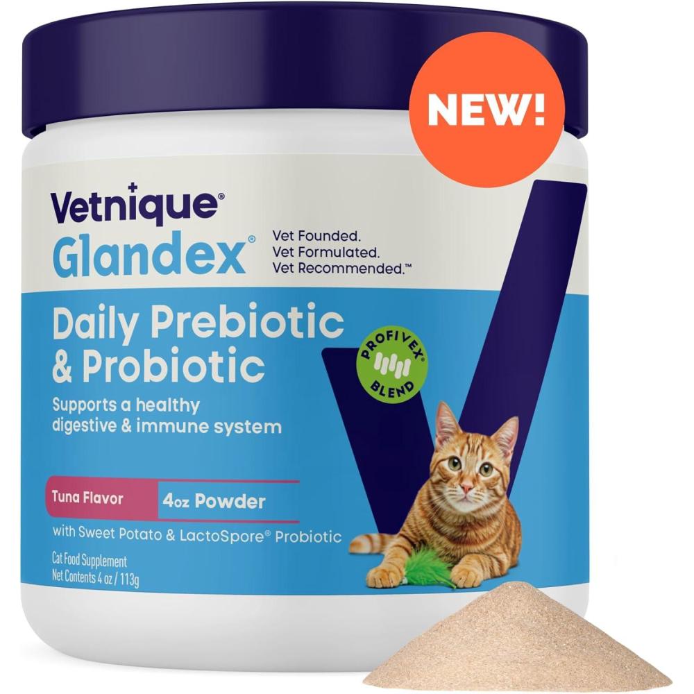imageVetnique Glandex Feline Anal Gland or Daily Probiotic Fiber Supplement Powder for Cats with Digestive Enzyme Probiotics and Pumpkin Vet Recommended for Healthy Bowels 4oz Anal Gland Powder  TunaProbiotic Powder  Tuna