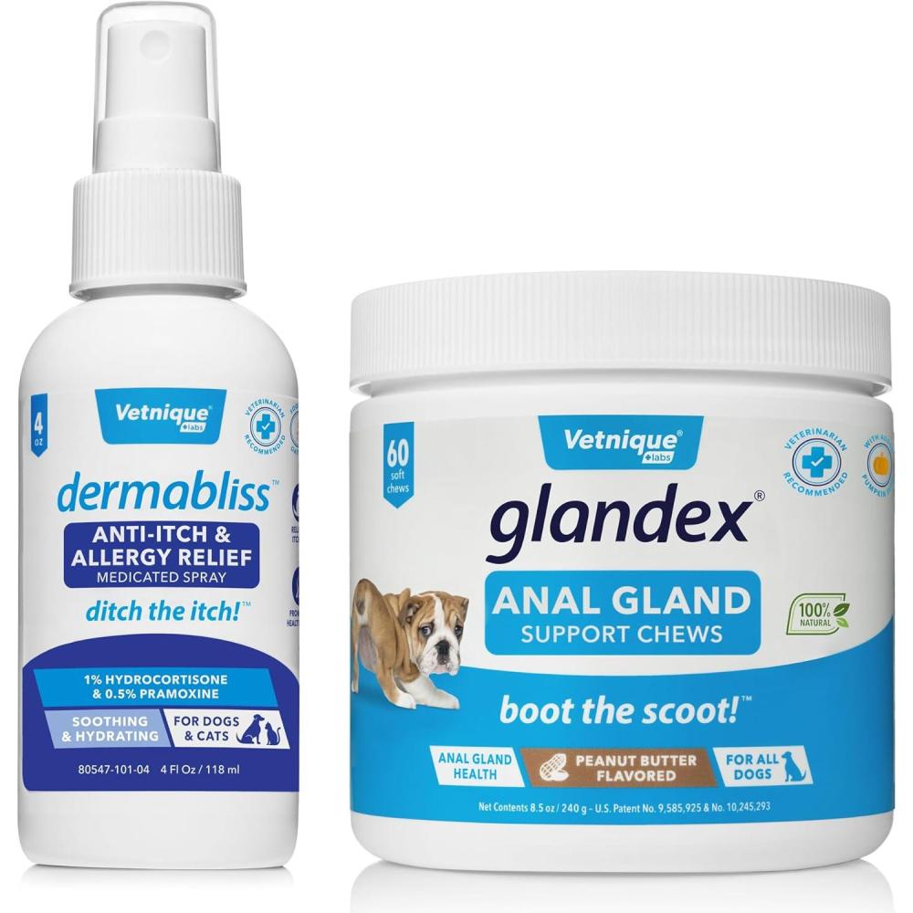 imageVetnique Labs Dermabliss AntiItch ampamp Allergy Relief Spray 4oz and Glandex Anal Gland Support Chews 60 Count Bundle VetStrength Anal Gland Dog Treats Hydrocortisone Spray Itch Relief for Dogs