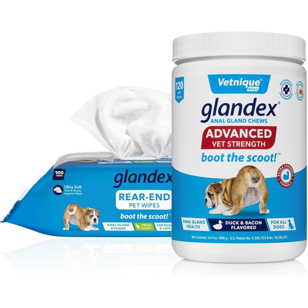imageVetnique Labs Glandex Anal Gland Hygienic Pet Wipes 100 Count and Glandex Advanced VetStrength Chews 120 Count Bundle Dog Cleaning Wipes with Fresh Scent Anal Gland Supplement with Extra Fiber
