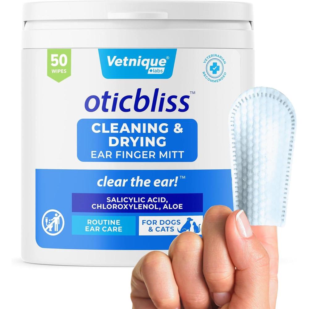 imageVetnique Oticbliss Ear Finger Wipes for Dogs ampamp Cats DualSided Cleaning Dog Ear Wipes for Odor Control Dirt ampamp Wax Removal with Soothing Aloe Salicylic Acid ampamp Aloe Vera 50ct