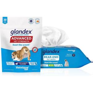 imageGlandex Anal Gland Hygienic Pet Wipes 100 Ct Advanced VetStrength Chews 30 Ct Bundle Dog Cleaning Wipes with Fresh Scent VetStrength Anal Gland Supplement for Dogs with Extra Fiber