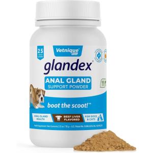 imageGlandex Dog Fiber Supplement Powder for Anal Glands with Pumpkin Digestive Enzymes ampamp Probiotics  Vet Recommended Regular or Advanced Strength  Boot The Scoot 55 oz Vegan SalmonBeef Liver