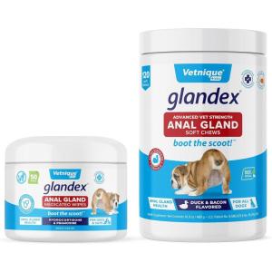 imageGlandex for Dogs Medicated Anal Gland Wipes 50ct ampamp Glandex Advanced VetStrength Anal Gland Supplement Chews 120ct Duck ampamp Bacon Flavor Bundle MaximumStrength Anal Gland Care for Dogs