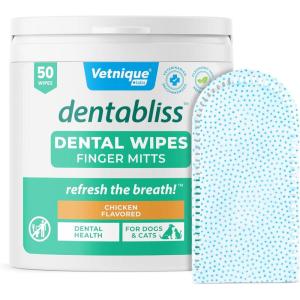 imageVetnique Dentabliss  Dog Teeth Cleaning Finger Mitt Dental Wipe  Dog Plaque ampamp Tartar Prevention with Brushing Beads  Flavored Dog Teeth Wipes Dog Breath Freshener ChickenChicken