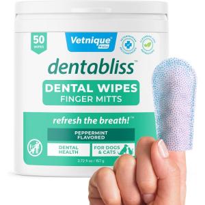 imageVetnique Dentabliss  Dog Teeth Cleaning Finger Mitt Dental Wipe  Dog Plaque ampamp Tartar Prevention with Brushing Beads  Flavored Dog Teeth Wipes Dog Breath Freshener ChickenPeppermint