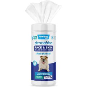 imageVetnique Dermabliss Dog Face Wipes  Medicated Chlorhexidine Wipes for Dogs with Wrinkles French Bulldog English Bulldog Dog Grooming Wipes Cleaning ampamp Deodorizing Dog Wipes 60 Count