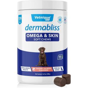 imageVetnique Dermabliss Omega ampamp Skin Health Fish Oil for Dogs Soft Chews Healthy Skin ampamp Coat for Dogs with Biotin ampamp DHA  Hickory Salmon Dog Treats 30 Count Chews120ct Chews