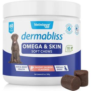 imageVetnique Dermabliss Omega ampamp Skin Health Fish Oil for Dogs Soft Chews Healthy Skin ampamp Coat for Dogs with Biotin ampamp DHA  Hickory Salmon Dog Treats 30 Count Chews60ct Chews