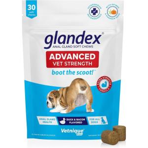 imageVetnique Glandex Anal Gland Soft Chew Treats with Pumpkin for Dogs Digestive Enzymes Probiotics Fiber Supplement for Dogs Boot The Scoot Advanced Strength DuckBacon Chews Veg 30 CountAdvanced Strength DuckBacon Chews Vegetarian