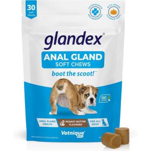 imageVetnique Glandex Anal Gland Soft Chew Treats with Pumpkin for Dogs Digestive Enzymes Probiotics Fiber Supplement for Dogs Boot The Scoot Advanced Strength DuckBacon Chews Veg 30 CountPeanut Butter Chews