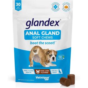imageVetnique Glandex Anal Gland Soft Chew Treats with Pumpkin for Dogs Digestive Enzymes Probiotics Fiber Supplement for Dogs Boot The Scoot Advanced Strength DuckBacon Chews Veg 30 CountBaconPork Chews
