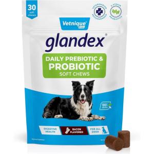 imageVetnique Glandex Daily Probiotics for Dogs with Prebiotics to Support Gut Health with Fiber and Digestive Enzymes Probiotic Chews or Powders 120ct Chews Bacon ChewsBacon Chews
