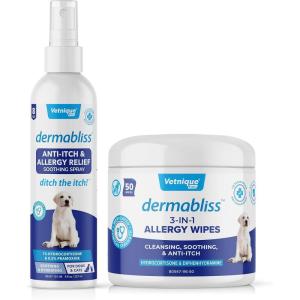 imageVetnique Labs Dermabliss 3in1 Wipes and Dermabliss AntiItch ampamp Allergy Relief Spray 8oz Bundle Seasonal Allergy Wipes for Dogs with Itchy Skin Plus Targeted Itch Relief Hydrocortisone Spray