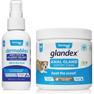 imageVetnique Labs Dermabliss AntiItch ampamp Allergy Relief Spray 4oz and Glandex Anal Gland Support Chews 60 Count Bundle VetStrength Anal Gland Dog Treats Hydrocortisone Spray Itch Relief for Dogs