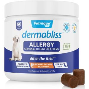imageVetnique Labs Dermabliss Dog Allergy Relief ampamp Immune Support Supplement Allergy Chews for Dogs Itching and Licking with Omega 3 Fish Oil ampamp Probiotics for Itch Relief  Vet Recommended 30 Count Chews60ct