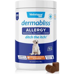 imageVetnique Labs Dermabliss Dog Allergy Relief ampamp Immune Support Supplement Allergy Chews for Dogs Itching and Licking with Omega 3 Fish Oil ampamp Probiotics for Itch Relief  Vet Recommended 30 Count Chews120ct Chews