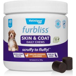 imageVetnique Labs Furbliss Skin and Coat Supplement for Dogs with Omega Fish Oil EPA ampamp DHA CoQ10 ampamp BVitamin Complex for Nourished Fur ampamp Skin  Grilled Chicken Soft Chews 60ct Soft Chews