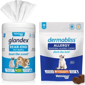 imageVetnique Labs Glandex Anal Gland Hygienic Pet Wipes 100 Count and Dermabliss Allergy Supplement for Dogs 30 Ct Bundle  Dog Cleaning Wipes with Fresh Scent for Anal Glands Allergy and Itch Relief
