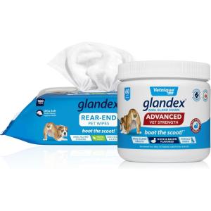 imageVetnique Labs Glandex Anal Gland Hygienic Pet Wipes 100 Ct and Glandex Advanced VetStrength Chews 60 Ct Bundle Dog Cleaning Wipes with Fresh Scent VetStrength Anal Gland Supplement with Extra Fiber