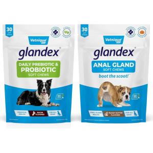 imageVetnique Labs Glandex for Dogs Prebiotic ampamp Probiotic Supplement Chews 30 Count Bacon Flavor Plus Glandex Anal Gland Support Chews 30 Count Peanut Butter Flavor Bundle 5Strain Probiotics for Dogs