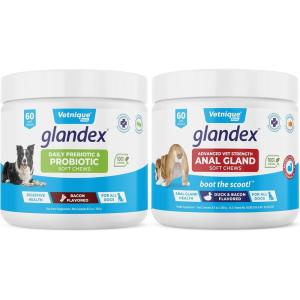 imageVetnique Labs Glandex for Dogs Prebiotic ampamp Probiotic Supplement Chews 60 Count Bacon Flavor Plus Glandex Advanced VetStrength Chews 60 Count Bundle Daily Digestive ampamp Advanced Anal Gland Support