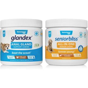 imageVetnique Labs Seniorbliss AllinOne Multivitamin Chews for Senior Dogs 60ct ampamp Glandex Anal Gland Support Soft Chew Treats with Pumpkin for Dogs 60ct Pork Bundle